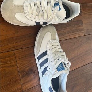 adidas samba White Sneakers with Navy Three-Stripes and Beige Suede